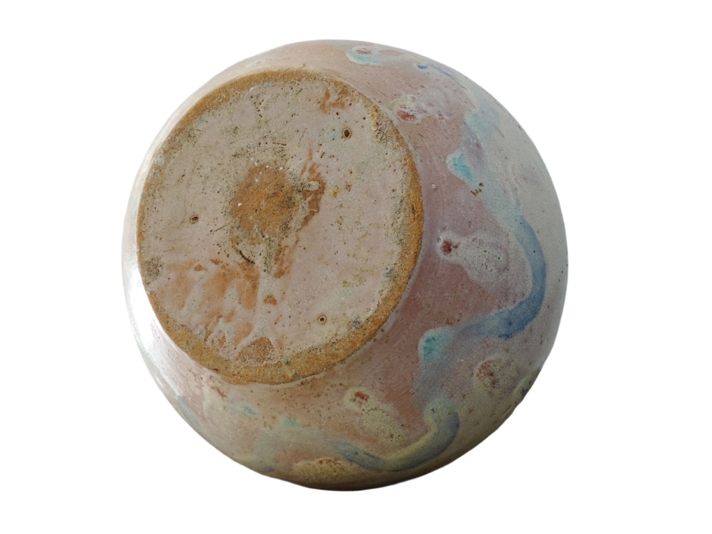 An antique French terracotta baluster vase glazed in soft pink and blue with touches of turquoise. This earthenware vase has a broad lip and a crazed patina. Pink pottery vase.