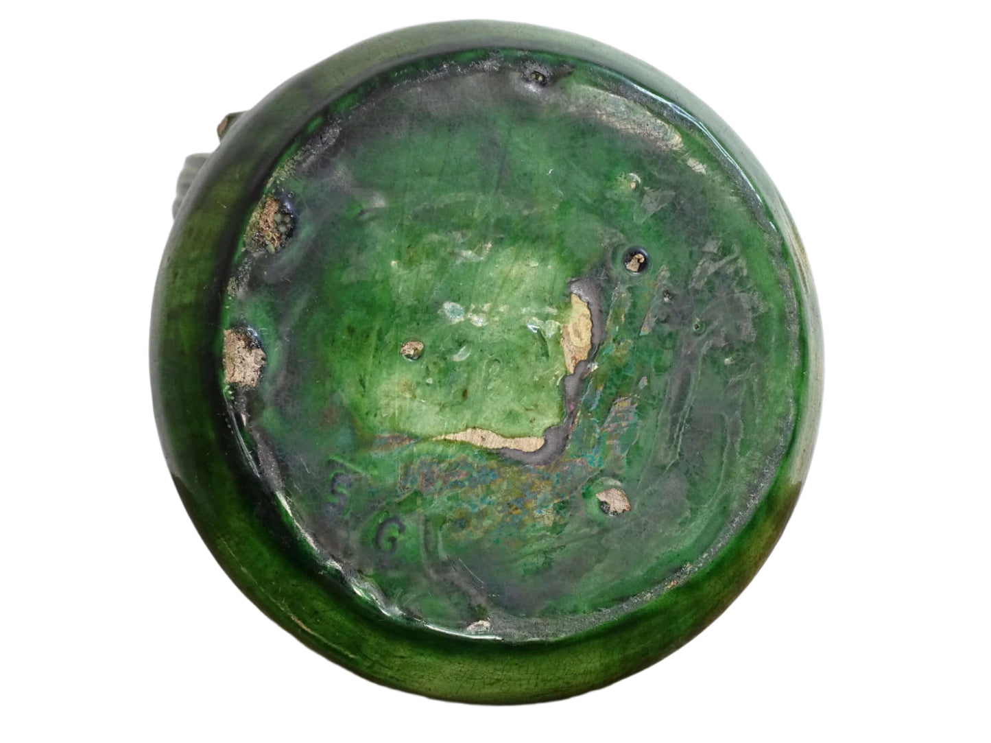 French antique art nouveau pottery vase with a green glaze in a deep tone with splashes of soft yellow. Organic in shape, this twin handled antique vase has an elongated neck