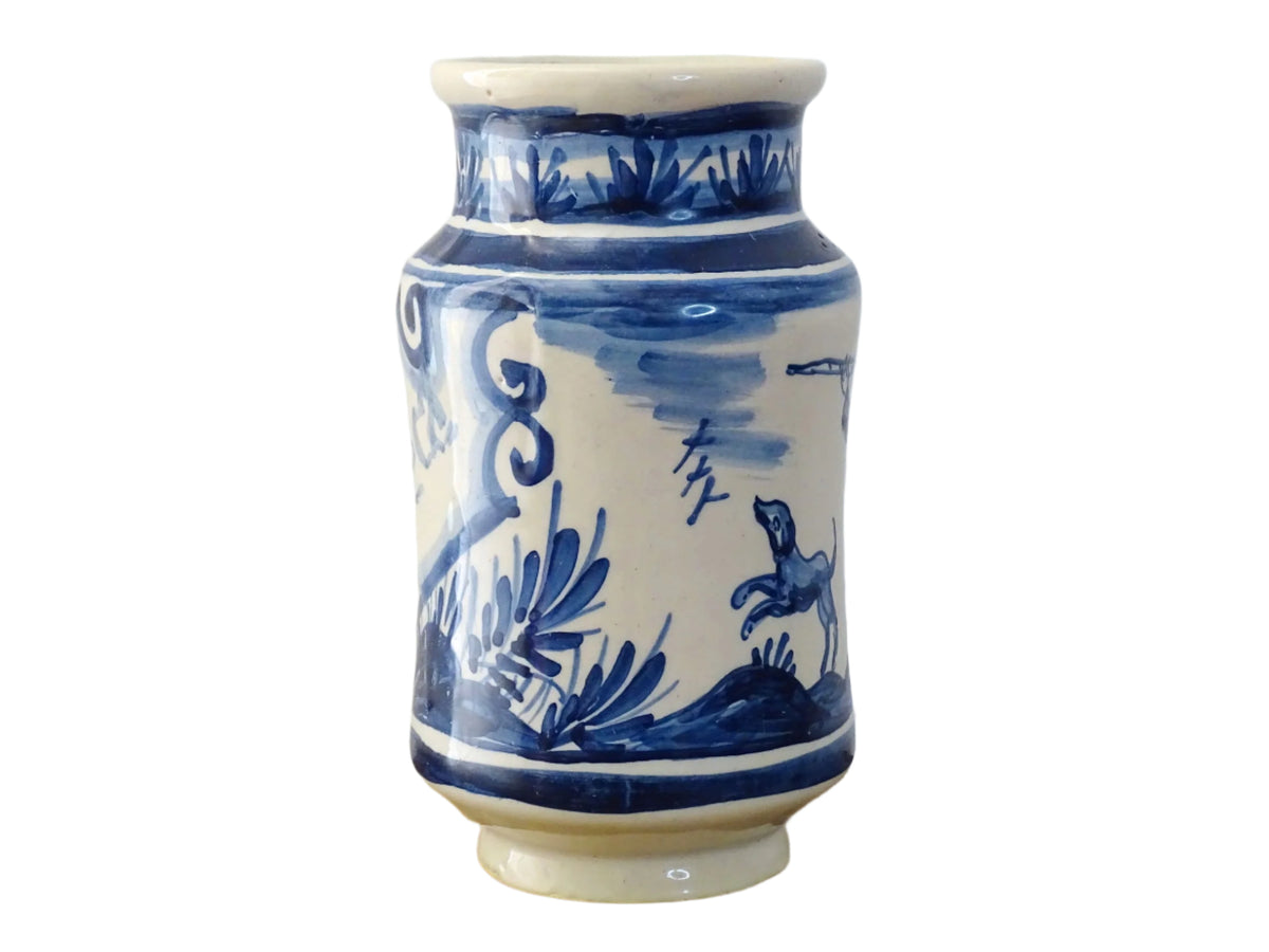 a vintage Spanish Catalan Albarello Pottery Pharmacy jar it is tin-glazed and hand-painted in blue and white