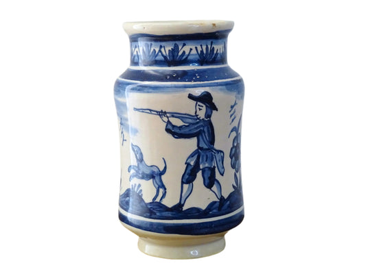 a vintage Spanish Catalan Albarello Pottery Pharmacy jar it is tin-glazed and hand-painted in blue and white