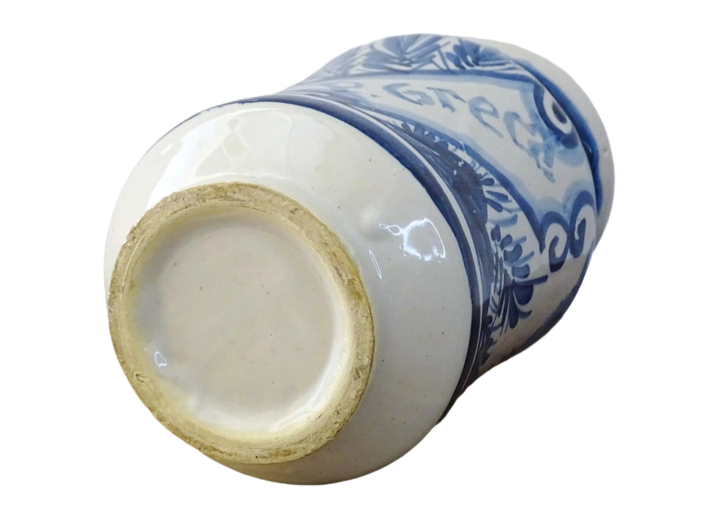 a vintage Spanish Catalan Albarello Pottery Pharmacy jar it is tin-glazed and hand-painted in blue and white