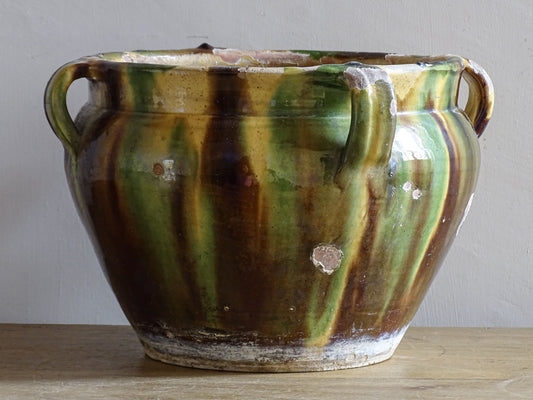 French antique ceramic planter from Castelnaudary. Pottery cache pot with a green, brown and yellow glaze