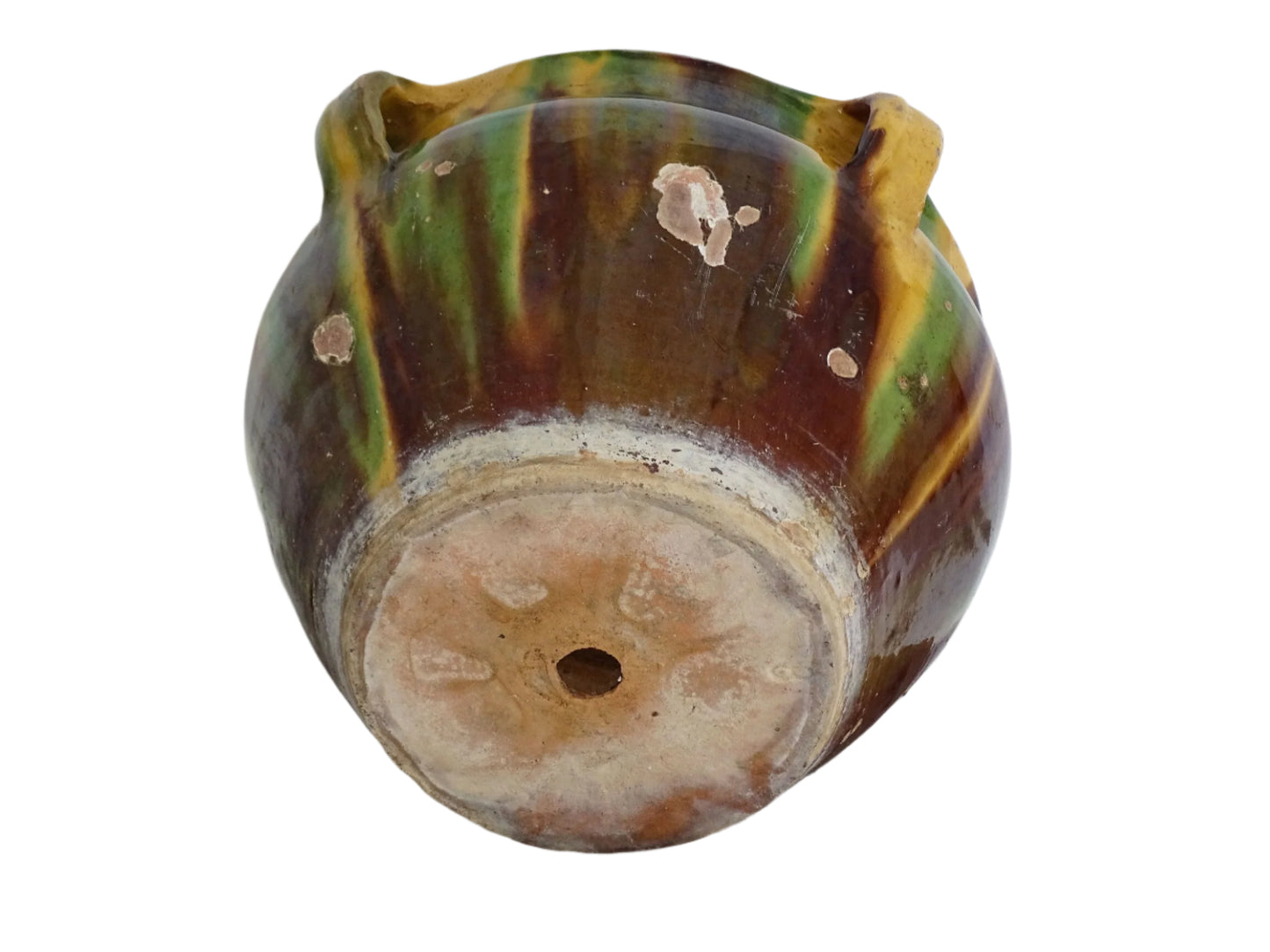 French antique terracotta planter with a stripe drip glaze in yellow, green and brown . Pottery planter from Castelnaudary. Antique ceramic jardinière or ceramic cachepot.