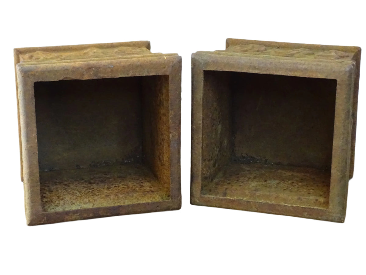 Pair of French antique cast iron planters. Square plant pots with grape and vine decoration. Indoor or outdoor decor.