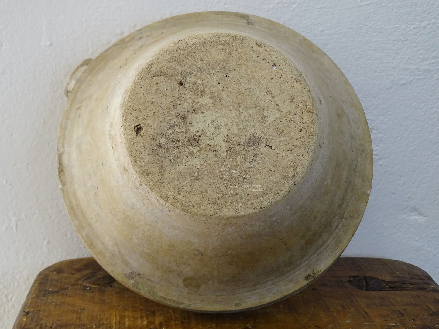 Antique French tian bowl with yellow glaze. Terracotta pottery bowl or earthenware gresale for a rustic French country house aesthetic.