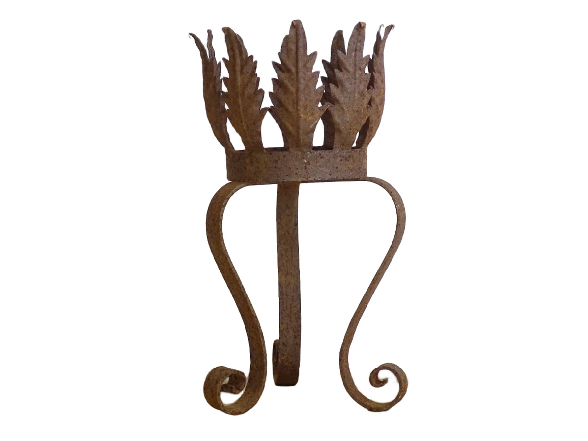 Vintage Spanish Metal Plant Stand with Leaves, Cylindrical Planter with Crown and Tripod Stand.