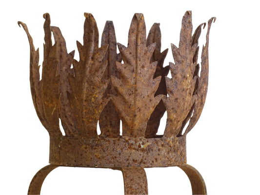 Vintage Spanish Metal Plant Stand with Leaves, Cylindrical Planter with Crown and Tripod Stand.