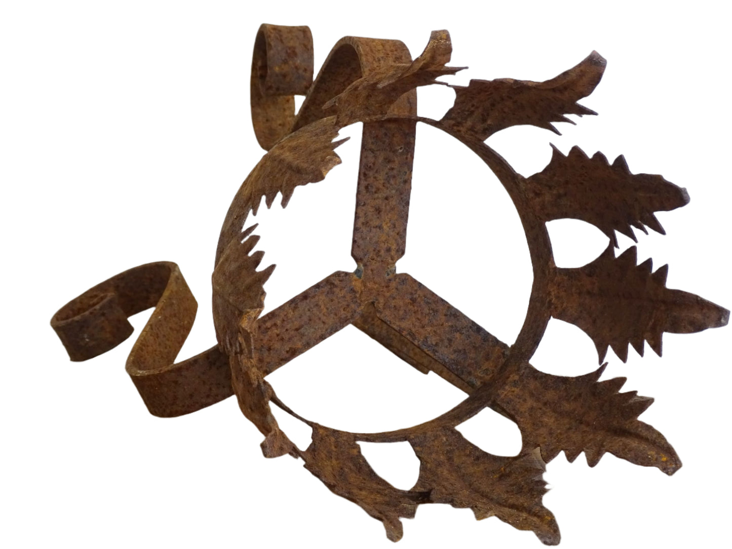 Vintage Spanish Metal Plant Stand with Leaves, Cylindrical Planter with Crown and Tripod Stand.