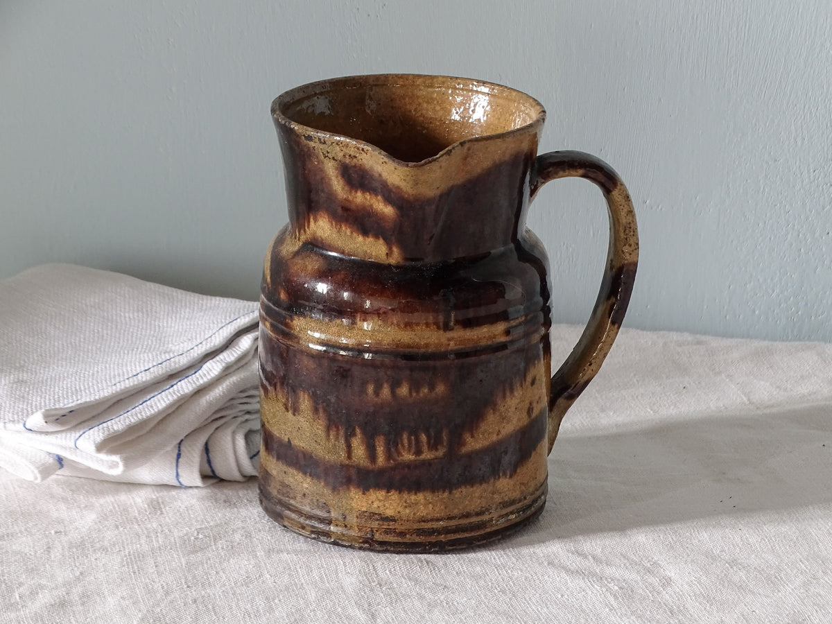 French antique ceramic pitcher with brown glaze from Dieulefit
