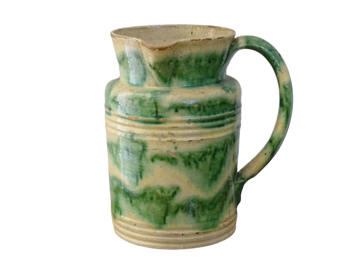 French Antique Ceramic Jug from Dieulefit with Green Glaze, pottery pitcher with cream background and green drip glaze and side spout.
