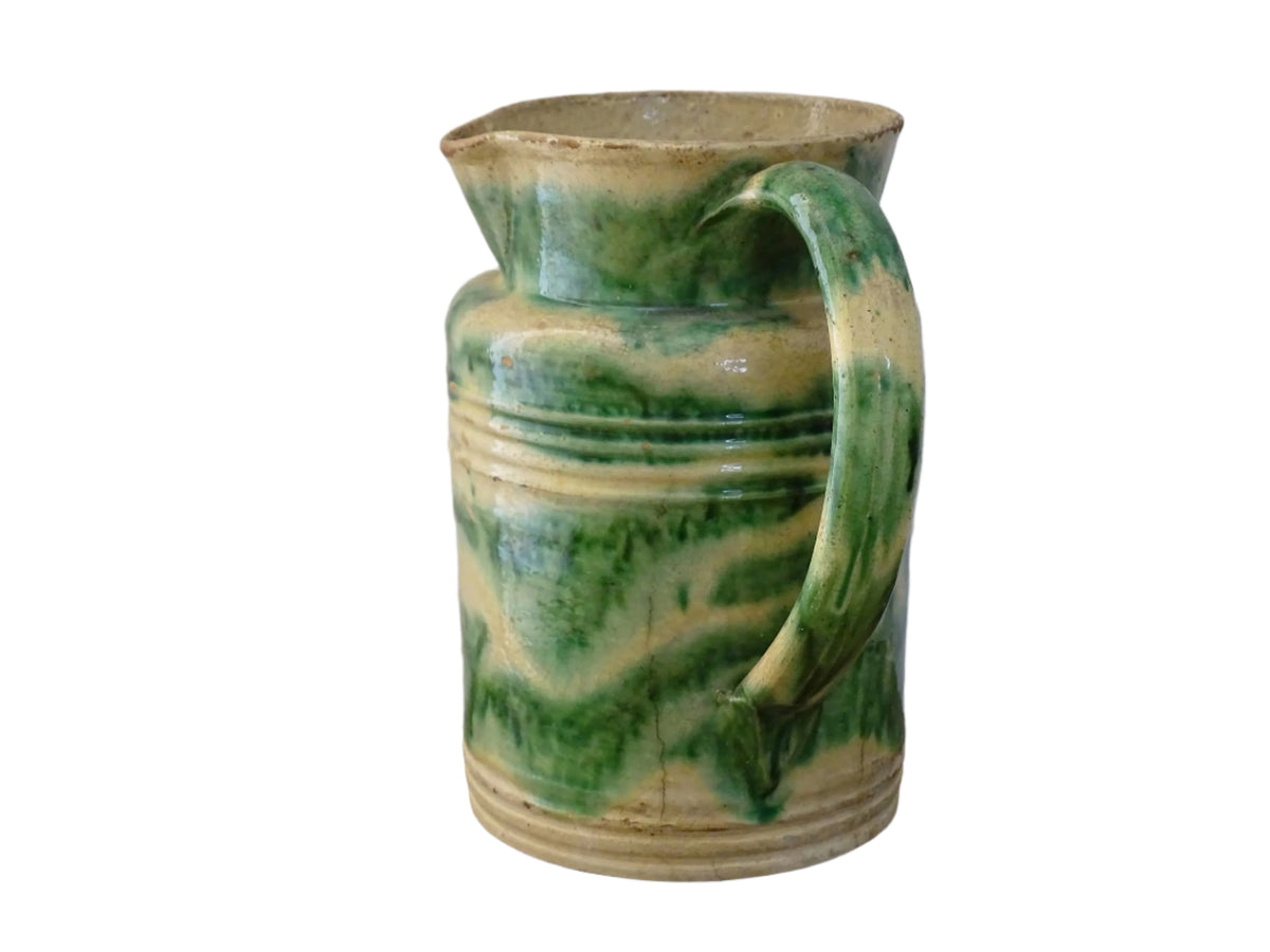 French Antique Ceramic Jug from Dieulefit with Green Glaze, pottery pitcher with cream background and green drip glaze and side spout.
