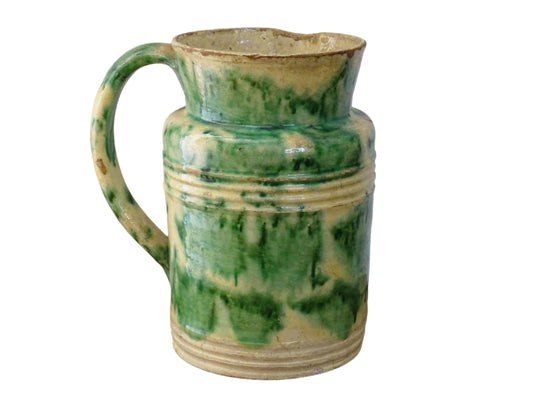 French Antique Ceramic Jug from Dieulefit with Green Glaze, pottery pitcher with cream background and green drip glaze and side spout.