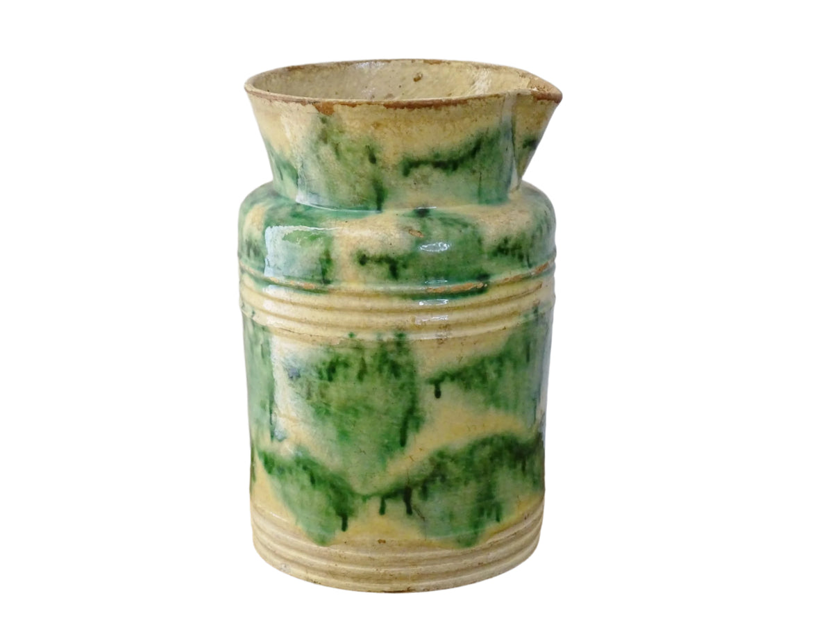 French Antique Ceramic Jug from Dieulefit with Green Glaze, pottery pitcher with cream background and green drip glaze and side spout.