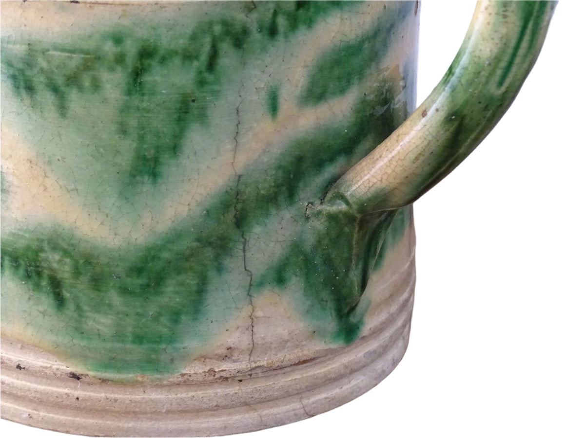 French Antique Ceramic Jug from Dieulefit with Green Glaze, pottery pitcher with cream background and green drip glaze and side spout.