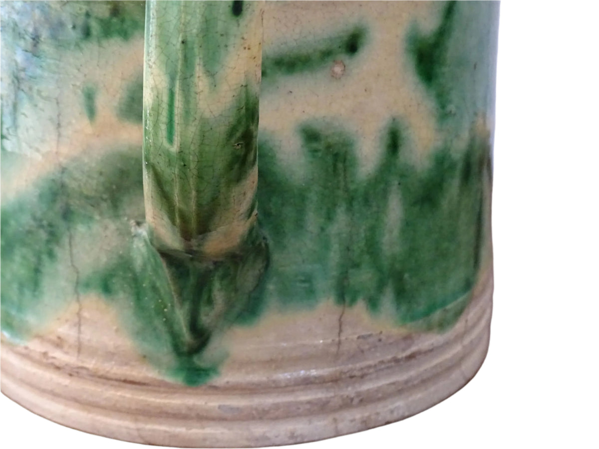 French Antique Ceramic Jug from Dieulefit with Green Glaze, pottery pitcher with cream background and green drip glaze and side spout.