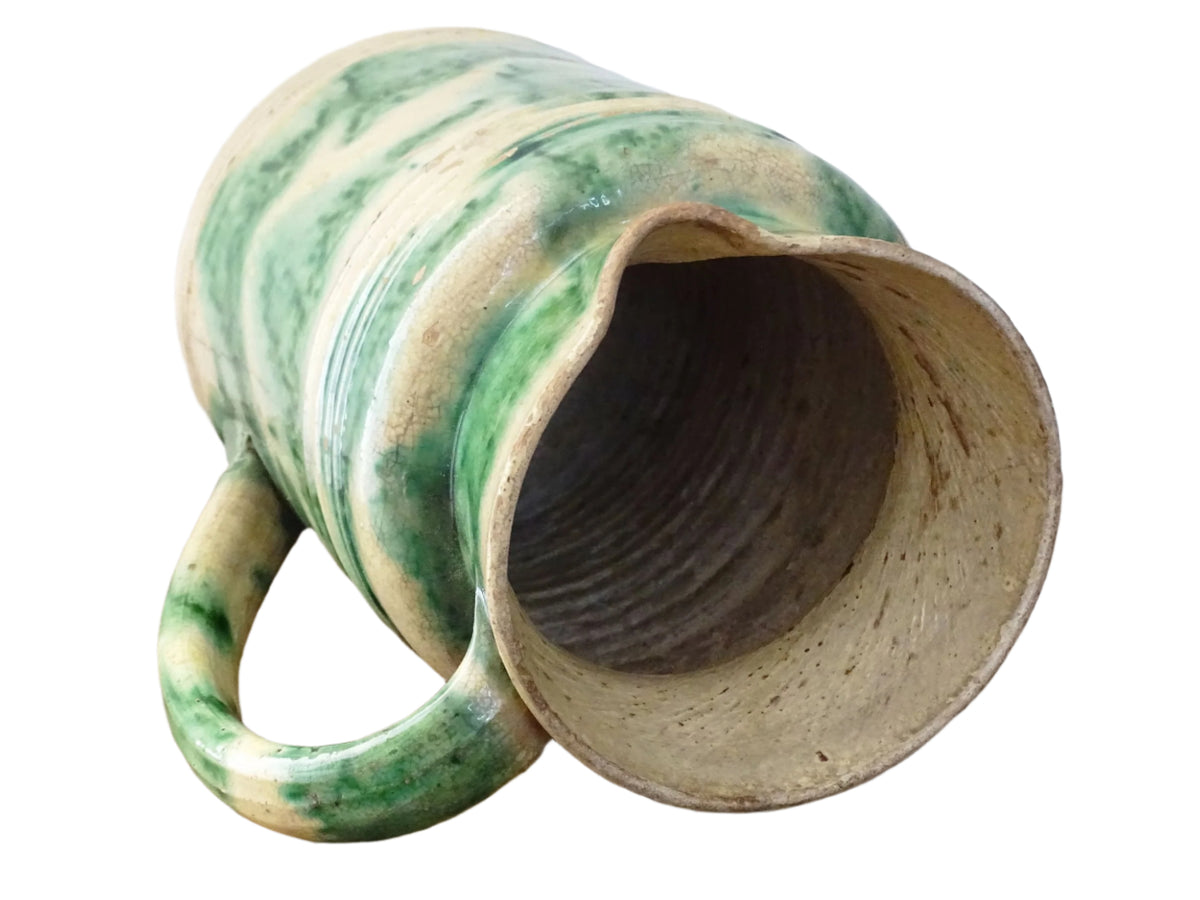 French Antique Ceramic Jug from Dieulefit with Green Glaze, pottery pitcher with cream background and green drip glaze and side spout.