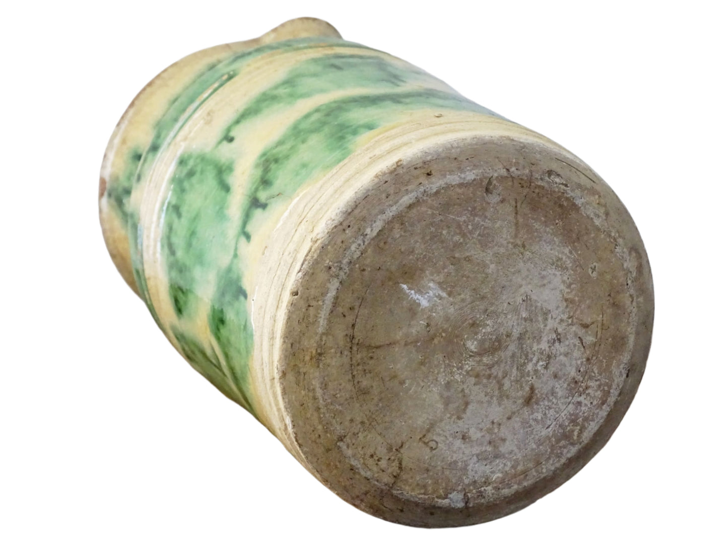 French Antique Ceramic Jug from Dieulefit with Green Glaze, pottery pitcher with cream background and green drip glaze and side spout.