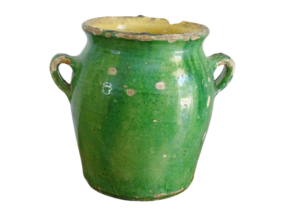 French antique confit pot with green glaze and yellow glazed interior. Green confit pot with two handles