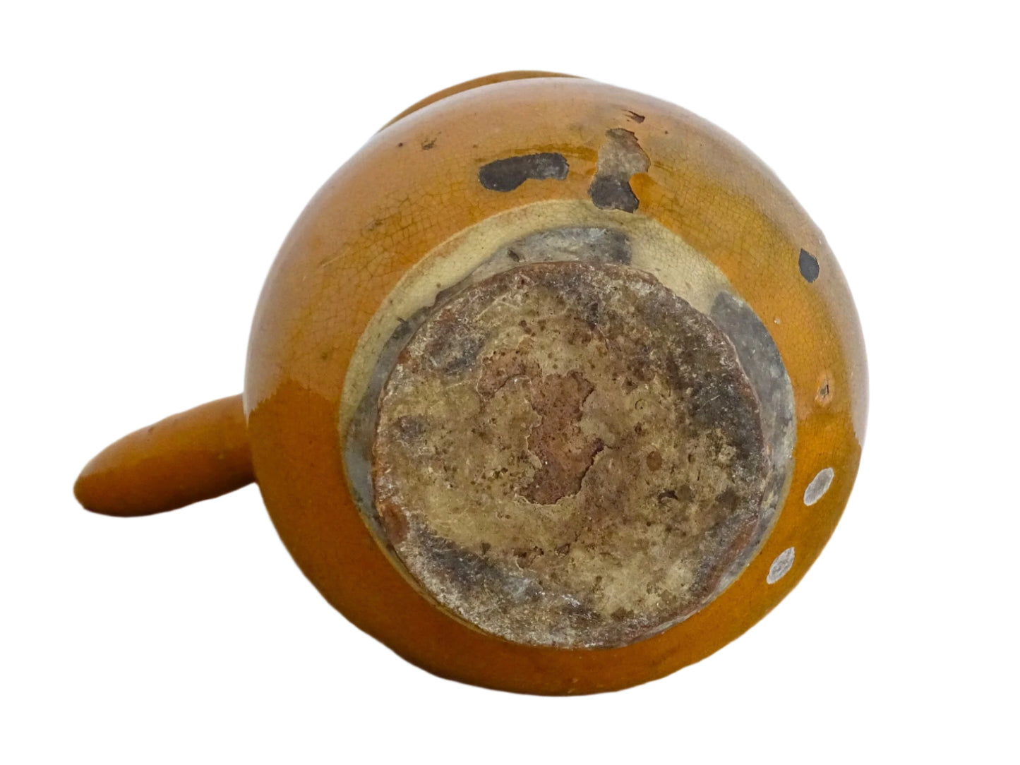 French antique terracotta jug with red glaze exterior and yellow glaze interior. Antique pottery pitcher with side handle and patina.