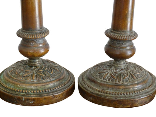 French antique copper candlesticks, ornate antique candle holders with round base