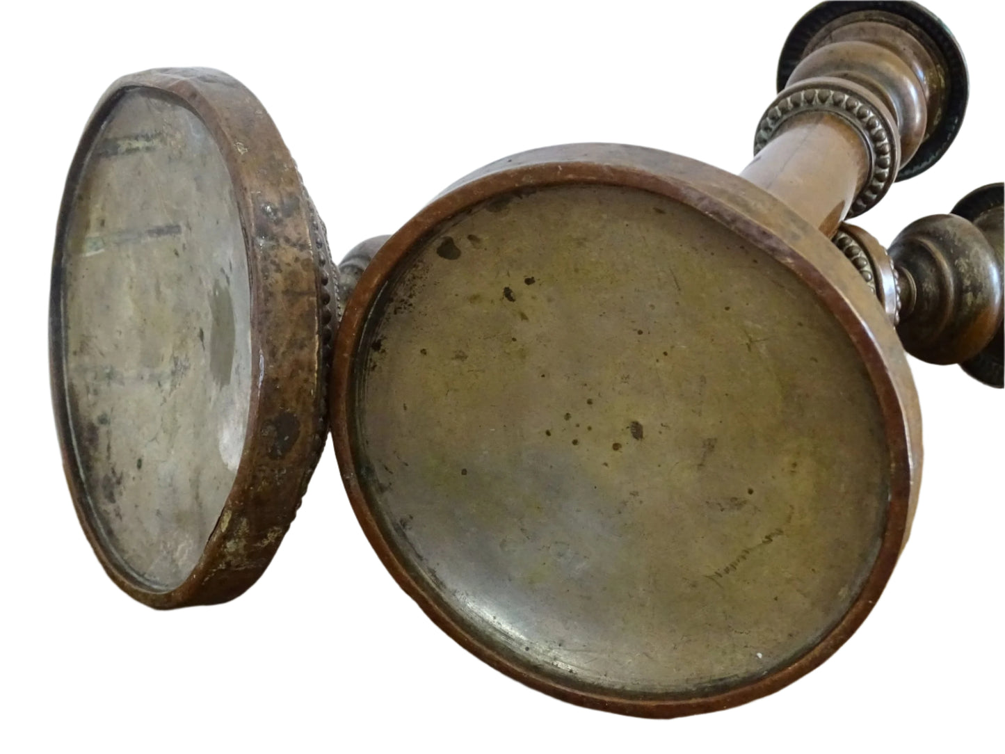 French antique copper candlesticks, ornate antique candle holders with round base