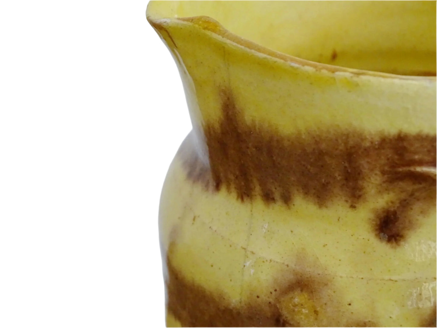 Rustic French antique ceramic jug with a yellow glaze with brown drip glaze detailing. Pottery jug from Dieulefit. Rustic French pottery for a French farmhouse aesthetic.