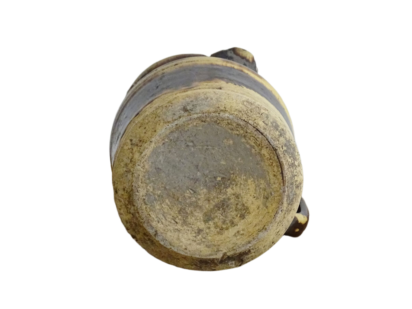 French antique ceramic jug from Dieulefit with brown drip glaze and yellow glazed background.