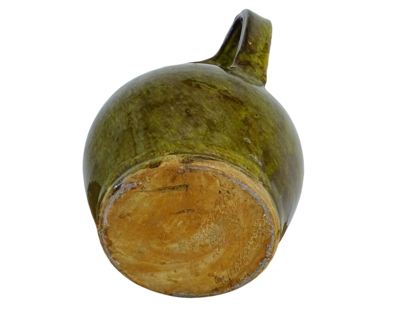 French antique cruche or orjol with an earthy green glaze. Antique terracotta water jug from the Languedoc with a timeworn appearance. French farmhouse aesthetic.