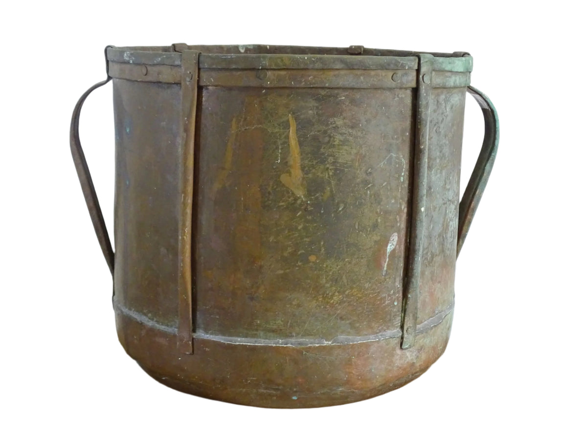 French antique copper ferrat with aged patina and verdigris, 19th-century rustic copper vessel with handles, vintage French farmhouse decor or antique champagne bucket