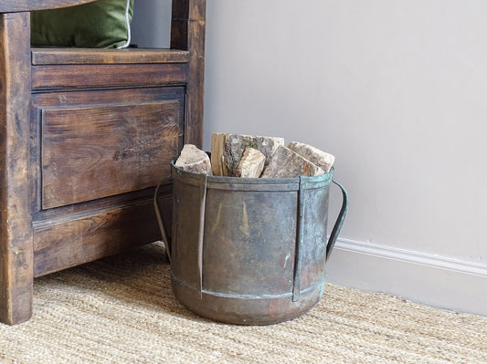 French antique copper ferrat with aged patina and verdigris, 19th-century rustic copper vessel with handles, vintage French farmhouse decor or antique champagne bucket