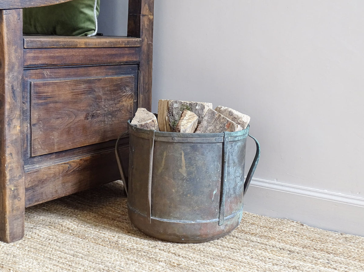 French antique copper ferrat with aged patina and verdigris, 19th-century rustic copper vessel with handles, vintage French farmhouse decor or antique champagne bucket