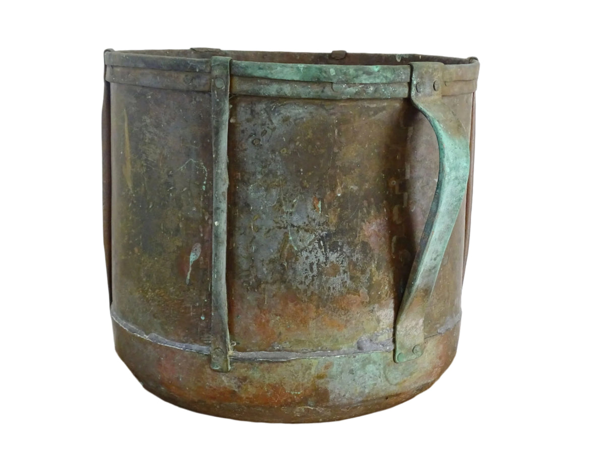 French antique copper ferrat with aged patina and verdigris, 19th-century rustic copper vessel with handles, vintage French farmhouse decor or antique champagne bucket
