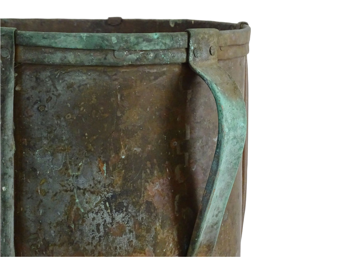 French antique copper ferrat with aged patina and verdigris, 19th-century rustic copper vessel with handles, vintage French farmhouse decor or antique champagne bucket