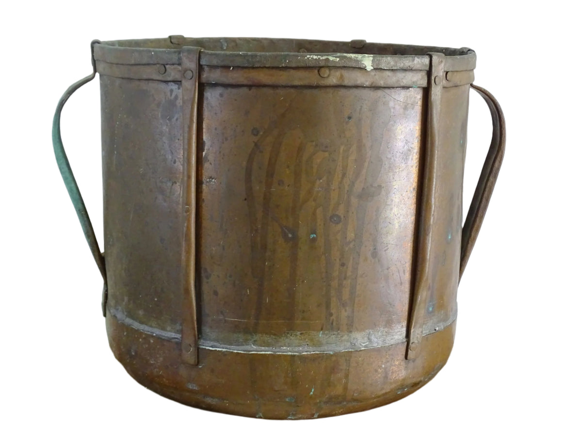 French antique copper ferrat with aged patina and verdigris, 19th-century rustic copper vessel with handles, vintage French farmhouse decor or antique champagne bucket