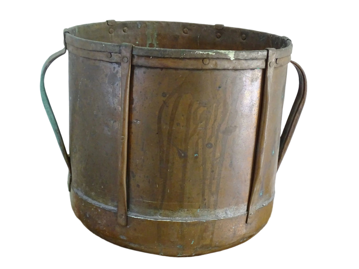 French antique copper ferrat with aged patina and verdigris, 19th-century rustic copper vessel with handles, vintage French farmhouse decor or antique champagne bucket