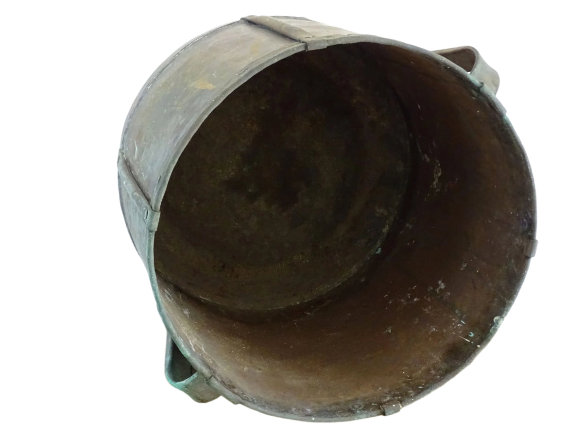 French antique copper ferrat with aged patina and verdigris, 19th-century rustic copper vessel with handles, vintage French farmhouse decor or antique champagne bucket
