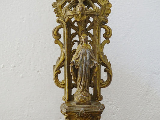 French antique Virgin Mary statue with gilt metal, religious ornament with cross to the top