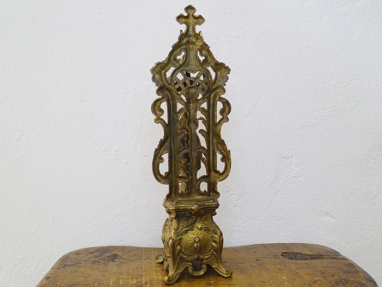 French antique Virgin Mary statue with gilt metal, religious ornament with cross to the top