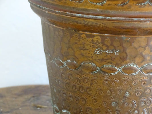 Pair of French vintage copper planters by Jean Goardère. Round copper plant pots.