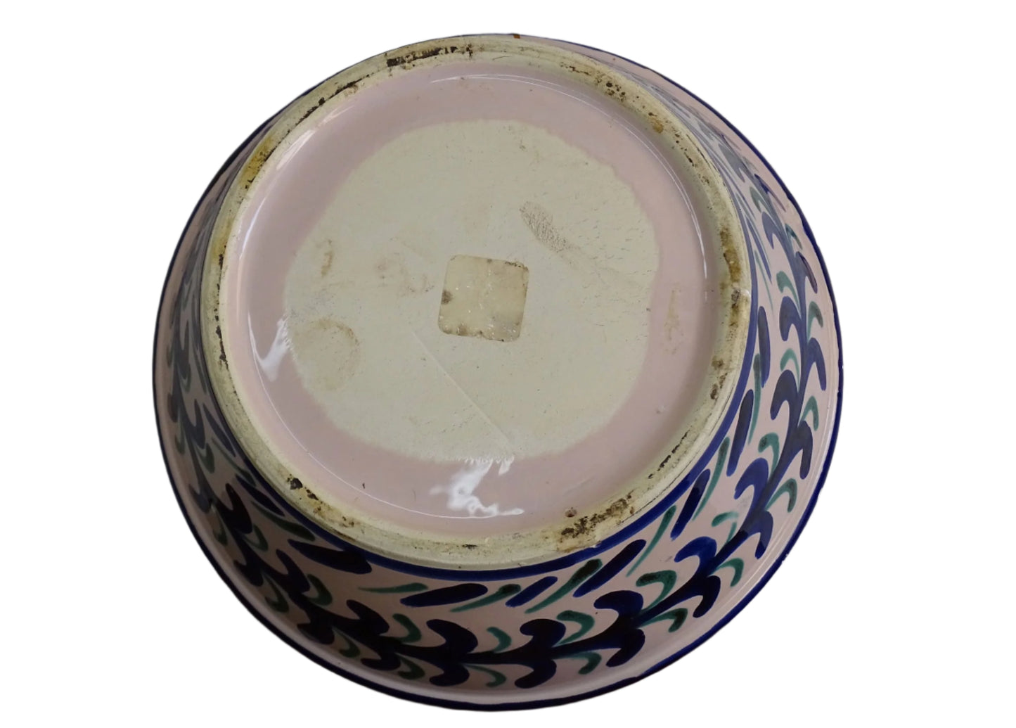 Vintage Spanish Fajalauza pottery bowl with blue and green hand painted pattern and pomegranate to the centre.