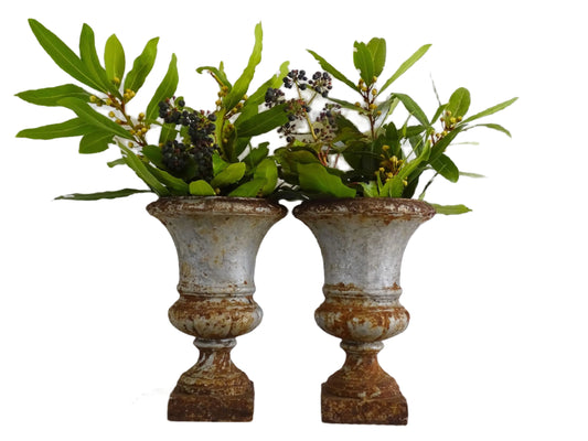 Pair of French antique cast iron urn planters. Silvered cast iron plant pots or vases. Outdoor planters.
