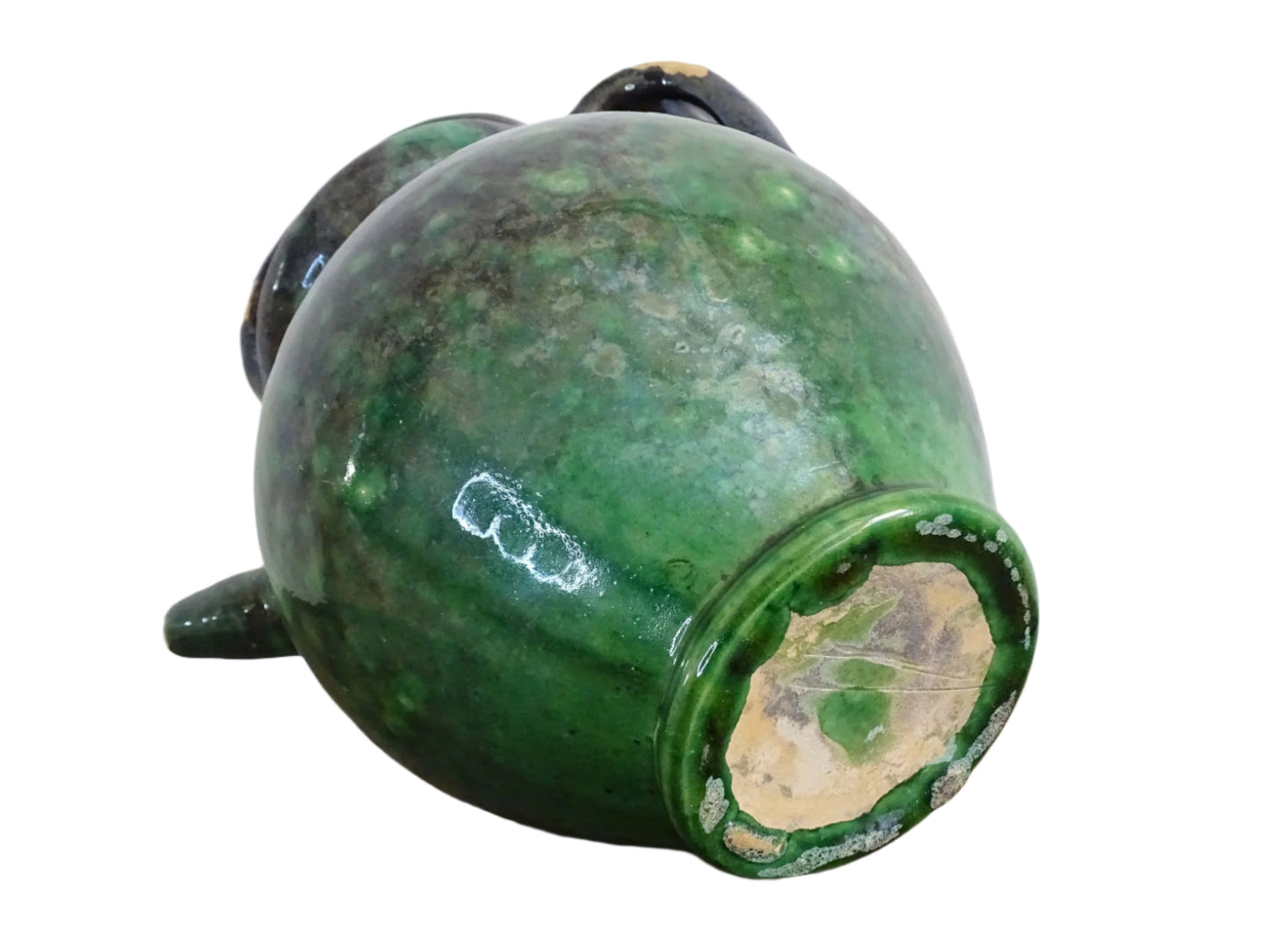 French antique pottery gargoulette with black and green glaze. Glazed ceramic water jug has a handle to the top and side, as well as a spout.