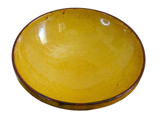 French antique ceramic bowl with a yellow glaze interior and brown glaze exterior. Yellow glazed terracotta bowl for a centrepiece or a ceramic fruit bowl. Antique pottery bowl for display.