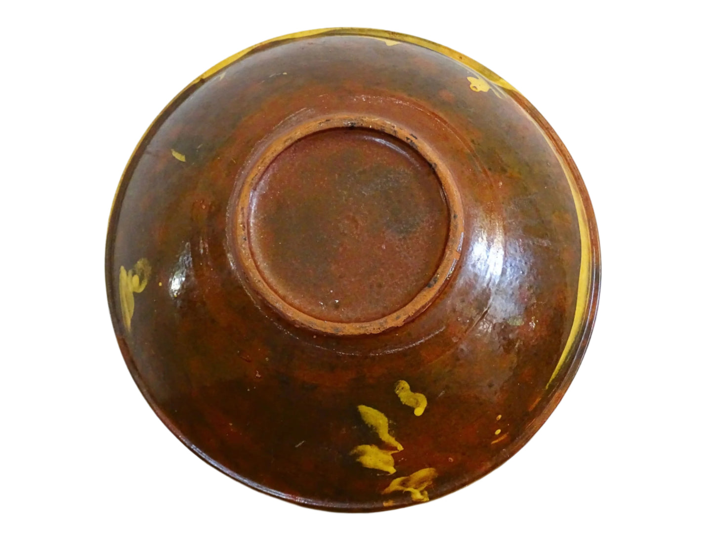 French antique ceramic bowl with a yellow glaze interior and brown glaze exterior. Yellow glazed terracotta bowl for a centrepiece or a ceramic fruit bowl. Antique pottery bowl for display.