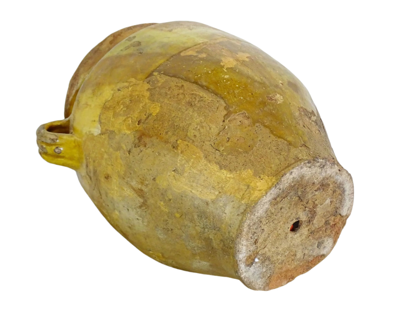 Large antique French confit pot with yellow glaze. Old terracotta pot with a rich patina and has touches of green over the mustard yellow. Yellow confit jar with two handles, farmhouse pottery for a French country farmhouse decor.