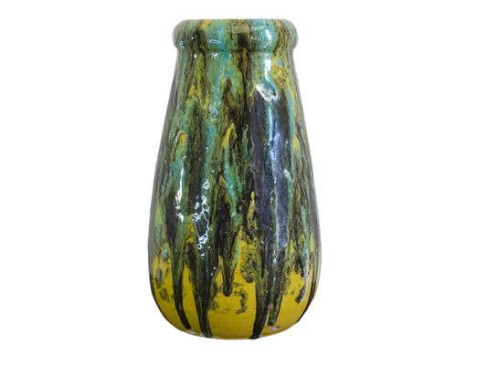French vintage ceramic vase in a yellow glaze with a green and pale blue drip glaze. Tall terracotta vase.