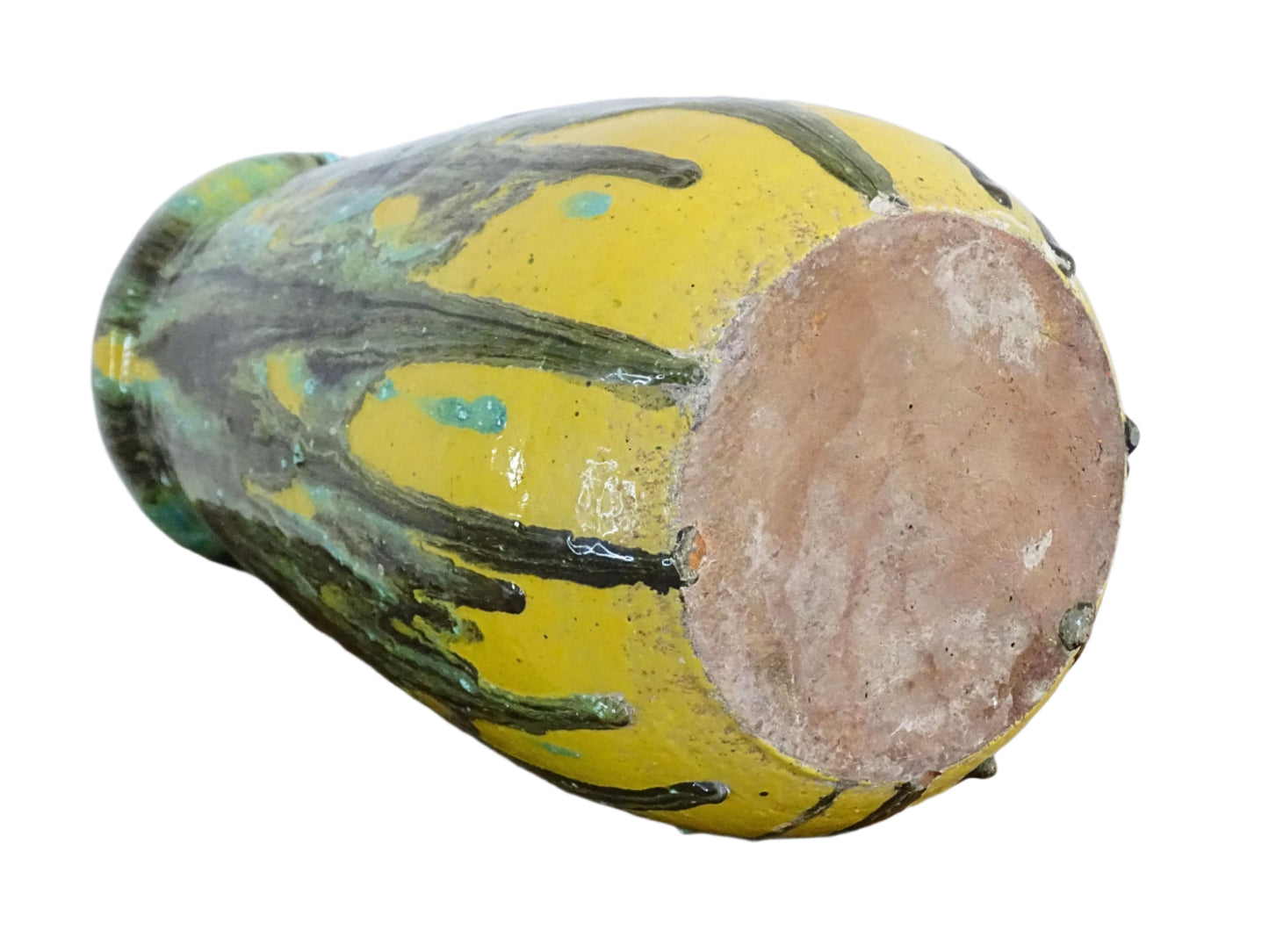 French vintage ceramic vase in a yellow glaze with a green and pale blue drip glaze. Tall terracotta vase.