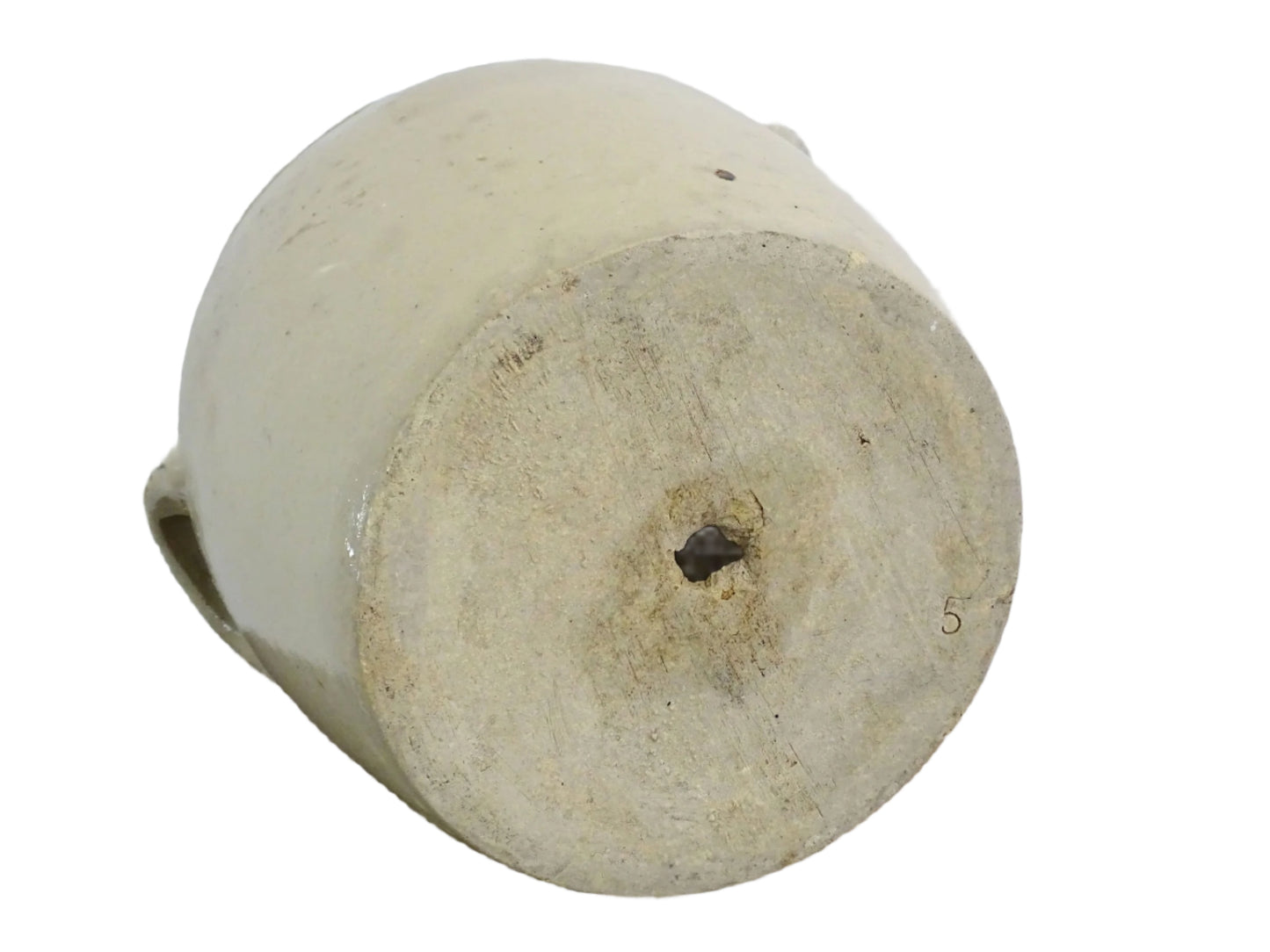 French antique stoneware confit jar with a beige glaze. Pottery cache pot for a farmhouse style decor. Ceramic utensils holder or planter.