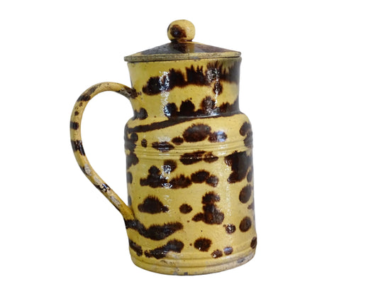 Large French antique pottery pitcher with a lid. Glazed ceramic pitcher with a brown drip glaze on a yellow glazed background. Dieulefit pottery pitcher or Savoie pottery jug.