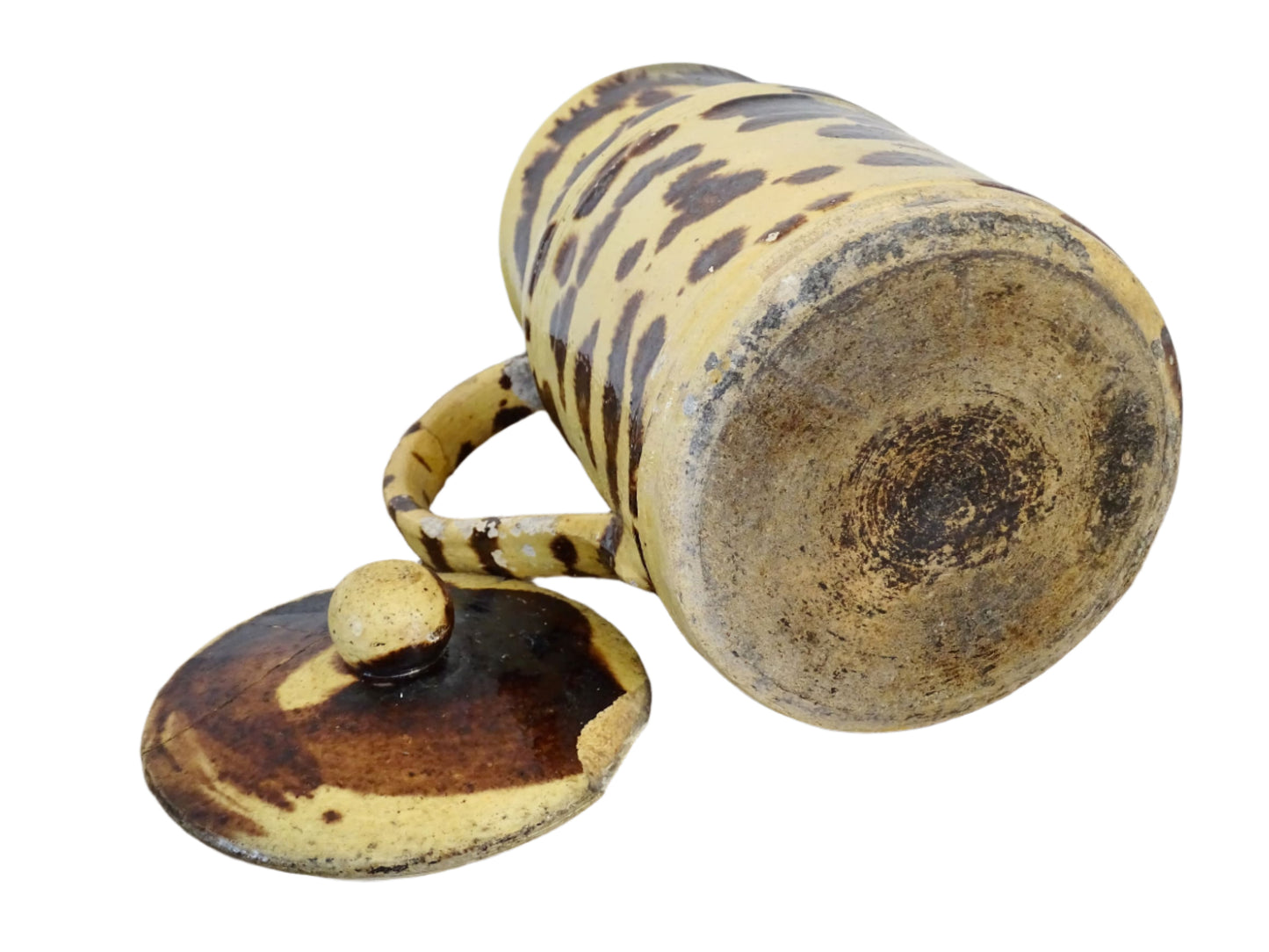 Large French antique pottery pitcher with a lid. Glazed ceramic pitcher with a brown drip glaze on a yellow glazed background. Dieulefit pottery pitcher or Savoie pottery jug.